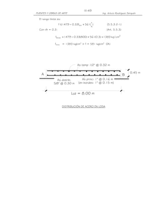 PUENTES Y OBRAS DE ARTE Ing. Arturo Rodríguez Serquén
III-49
A
Luz = 8.00 m
B
As princ: 1" @ 0.16 mAs distrib.
5/8" @ 0.30 m
As temp 1/2" @ 0.32 m
0.45 m
(en bordes: 1" @ 0.15 m)
El rango límite es:
)
h
r
(561f33.01479f min +−≤ (5.5.3.2-1)
Con r/h = 0.3: (Art. 5.5.3)
2
límite cm/kg1383)3.0(561)800(33.01479f =+−=
flímite = 1383 kg/cm2
> f = 581 kg/cm2
OK!
DISTRIBUCIÓN DE ACERO EN LOSA
 