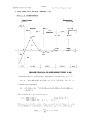 PUENTES Y OBRAS DE ARTE Ing. Arturo Rodríguez Serquén
III-60
3. Carga Viva y efect3. Carga Viva y efect3. Carga Viva y efect3. Carga Viva y efecto de Carga Dinámica (LL+IM):o de Carga Dinámica (LL+IM):o de Carga Dinámica (LL+IM):o de Carga Dinámica (LL+IM):
MÉTODO A: Proceso analíticoMÉTODO A: Proceso analíticoMÉTODO A: Proceso analíticoMÉTODO A: Proceso analítico
Para un carril cargado, y con el factor de presencia múltiple m (Art. 3.6.1.1.2):
M(+)= [7.4T(0.429m)+7.4T(-0.061m)]1.2= 2.723T-m x 1.2=3.27 T-m
Para dos carriles cargados:
M(+)=[7.4T(0.429m)+7.4T(-0.061m)+7.4(0.007m)+7.4(0.004)]1.0
= 2.80 T-m
El ancho de franja en que se distribuye es:
E(+)= 660+0.55 S’ (Tabla 4.6.2.1.3-1)
= 660+0.55(2100)= 1815 mm = 1.82 m
Entonces, el momento positivo crítico considerando el efecto de carga
dinámica (33% para el Estado Límite de Resistencia) y el ancho de franja, es:
M(+)LL+IM= Tm39.233.1x
82.1
27.3
=
 