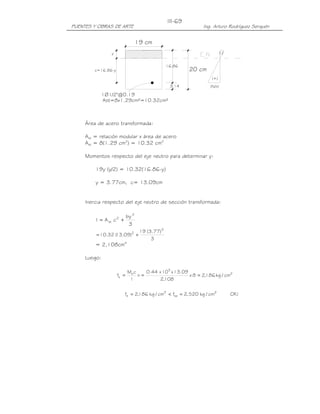 PUENTES Y OBRAS DE ARTE Ing. Arturo Rodríguez Serquén
III-69
1Ø1/2"@0.19
Ast=8x1.29cm²=10.32cm²
c=16.86-y
(-)
19 cm
3.14
16.86
y
20 cm
(fs/n)
(+)
Área de acero transformada:
Ast = relación modular x área de acero
Ast = 8(1.29 cm2
) = 10.32 cm2
Momentos respecto del eje neutro para determinar y:
19y (y/2) = 10.32(16.86-y)
y = 3.77cm, c= 13.09cm
Inercia respecto del eje neutro de sección transformada:
3
by
cAI
3
2
st +=
3
)77.3(19
)09.13(32.10
3
2
+=
= 2,108cm4
Luego:
2
5
s
s cm/kg186,28x
108,2
09.13x10x44.0
n
I
cM
f ===
!OKcm/kg520,2fcm/kg186,2f 2
sa
2
s =<=
 