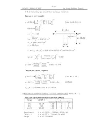 PUENTES Y OBRAS DE ARTE Ing. Arturo Rodríguez Serquén
III-71
0.30
2.10 m
c
0.85
.20
.65
e=0.425g
El % de momento g que se distribuye a una viga interior es:
Caso de un carril cargado:Caso de un carril cargado:Caso de un carril cargado:Caso de un carril cargado:
1.0
3
s
g
3.04.0
Lt
K
L
S
4300
S
06.0g 

















+= (Tabla 4.6.2.2.2b-1)
Cálculo de
1.0
3
s
g
Lt
K






:
0.1
E
E
n
losa
viga
==
4
3
viga cm563,686
12
)65(30
I ==
2
viga cm1950)65(30A ==
cm5.42eg =
422
gvigavigag cm751,208'4])5.42(1950563,686[1)eAI(nK =+=+=
Luego: 921.0
)cm20(cm1200
cm175,208'4
Lt
K
1.0
3
41.0
3
s
g
=








=








470.0)921.0(
20001
2100
4300
2100
06.0g
3.04.0
=













+=
Caso de dos carriles cargados:Caso de dos carriles cargados:Caso de dos carriles cargados:Caso de dos carriles cargados:
1.0
3
s
g
2.06.0
Lt
K
L
S
2900
S
075.0g 

















+= (Tabla 4.6.2.2b-1)
( ) 611.0921.0
12000
2100
2900
2100
075.0g
2.06.0
=











+= (CRÍTICO)
MLL+IM= 0.611(98.83 T-m) = 60.39 T-m
C) Resumen de momentos flectores y criterios LRFD aplicables (Tabla 3.4.1-1)
RESUMEN DE MOMENTOSRESUMEN DE MOMENTOSRESUMEN DE MOMENTOSRESUMEN DE MOMENTOS POSITIVOSPOSITIVOSPOSITIVOSPOSITIVOS POR CARGASPOR CARGASPOR CARGASPOR CARGAS
CargaCargaCargaCarga M(+) TM(+) TM(+) TM(+) T----mmmm γγγγ
Resistencia I Servicio I Fatiga
DC 29.68 1.25 1.0 0
DW 4.25 1.50 1.0 0
LL+IM 60.39 1.75 1.0 0.75
Resistencia I: U = n[1.25DC+1.50DW+1.75(LL+IM)]
Servicio I: U = n[1.0DC+1.0DW+1.0(LL+IM)]
Fatiga: U = n[0.75(LL+IM)]
 