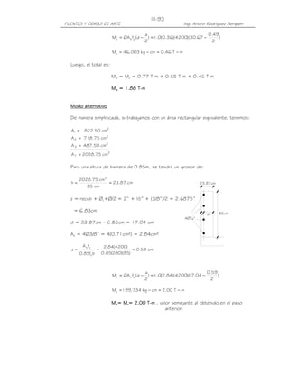 PUENTES Y OBRAS DE ARTE Ing. Arturo Rodríguez Serquén
III-93
4Ø3
8"
23.87cm
d 85cmz
mT46.0cmkg003,46Mu −=−=
Luego, el total es:
Mw = Mu = 0.77 T-m + 0.65 T-m + 0.46 T-m
MMMMwwww = 1.88 T= 1.88 T= 1.88 T= 1.88 T----mmmm
Modo alternativoModo alternativoModo alternativoModo alternativo
De manera simplificada, si trabajamos con un área rectangular equivalente, tenemos:
2
1 cm50.822A =
2
2 cm75.718A =
2
3 cm50.487A =
2
T cm75.2028A =
Para una altura de barrera de 0.85m, se tendrá un grosor de:
cm87.23
cm85
cm75.2028
h
2
==
z = recub + Øv+Ø/2 = 2” + ½” + (3/8”)/2 = 2.6875”
= 6.83cm
d = 23.87cm – 6.83cm = 17.04 cm
As = 4Ø3/8” = 4(0.71cm²) = 2.84cm²
cm59.0
)85)(280(85.0
)4200(84.2
bf85.0
fA
a '
c
ys
===
mT00.2cmkg734,199Mu −=−=
MMMMwwww==== MMMMuuuu= 2= 2= 2= 2....00000000 TTTT----mmmm , valor semejante al obtenido en el paso
anterior.
)
2
49.0
67.30)(4200)(36.0(0.1)
2
a
d(fØAM ysu −=−=
)
2
59.0
04.17)(4200)(84.2(0.1)
2
a
d(fØAM ysu −=−=
 