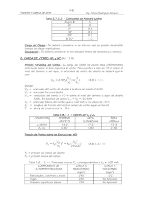 PUENTES Y OBRAS DE ARTE Ing. Arturo Rodríguez Serquén
II-6
Tabla 3.7.3.2Tabla 3.7.3.2Tabla 3.7.3.2Tabla 3.7.3.2----1111 Coeficiente de Arrastre LateCoeficiente de Arrastre LateCoeficiente de Arrastre LateCoeficiente de Arrastre Lateralralralral
Ángulo θ CL
0° 0
5° 0.5
10° 0.7
20° 0.9
ን 30° 1.0
Carga del OleajeCarga del OleajeCarga del OleajeCarga del Oleaje....---- Se deberá considerar si se anticipa que se pueden desarrollar
fuerzas de oleaje significativas.
SocavaciónSocavaciónSocavaciónSocavación....---- Se deberá considerar en los estados límites de resistencia y servicio.
8. CARGA DE VIENTO: WL y WS8. CARGA DE VIENTO: WL y WS8. CARGA DE VIENTO: WL y WS8. CARGA DE VIENTO: WL y WS (Art. 3.8)
Presión Horizontal del VientoPresión Horizontal del VientoPresión Horizontal del VientoPresión Horizontal del Viento....---- La carga de viento se asume está uniformemente
distribuida sobre el área expuesta al viento. Para puentes a más de 10 m sobre el
nivel del terreno o del agua, la velocidad de viento de diseño se deberá ajustar
con:
)
Z
Z
ln()
V
V
(V5.2=V
0B
10
0DZ (3.8.1.1-1)
Donde:
VDZ = velocidad del viento de diseño a la altura de diseño Z (km/h)
V0 = velocidad friccional (km/h)
V10 = velocidad del viento a 10 m sobre el nivel del terreno o agua de diseño
(km/h). En ausencia de datos V10 = VB =160 km/h
VB = velocidad básica del viento igual a 160 km/h a una altura de 10 m
Z0 = longitud de fricción del fetch o campo de viento aguas arriba (m)
Z = altura de la estructura > 10 m
Tabla 3.Tabla 3.Tabla 3.Tabla 3.8.1.18.1.18.1.18.1.1----1111 Valores de VValores de VValores de VValores de V0000 y Zy Zy Zy Z0000
CONDICIÓN TERRENO
ABIERTO
ÁREA
SUBURBANA
ÁREA
URBANA
V0 (km/h) 13.2 17.6 19.3
Z0 (m) 0.07 1.00 2.50
Presión de Viento sobre las Estructuras: WSPresión de Viento sobre las Estructuras: WSPresión de Viento sobre las Estructuras: WSPresión de Viento sobre las Estructuras: WS
)
25600
V
(P=)
V
V
(P=P
2
DZ
B
2
B
DZ
BD (3.8.1.2.1-1)
PD = presión del viento de diseño
PB = presión básica del viento
Tabla 3.8.1.2.1-1 Presiones básicas PB correspondientes a VB = 160 km/h
COMPONENTE DE
LA SUPERESTRUCTURA
CARGA A
BARLOVENTO
(kg/m2
)
CARGA A
SOTAVENTO
(kg/m2
)
Reticulados, columnas y arcos 245 122
Vigas 245 No Aplicable
Grandes superficies planas 194 No Aplicable
 