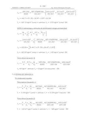 PUENTES Y OBRAS DE ARTE Ing. Arturo Rodríguez Serquén
III-130






++−+−=
421,431
10x51.224
421,431
10x31.25
421,431
10x61.243
421,431
)86.99(256,397
8505
256,397
f
555
cs
04.5287.547.5695.9171.46fcs −−−+−=
fcs = -69.13 kg/cm2
(comp) < admitido: fcs = -210 kg/cm2
(comp) OK!
CASO II (sobrecarga y semisuma de presforzado+cargas permanentes)






−+−+−=
+
1
asfpp
1
ii
1
cs
S
M
S
ePR
A
PR
2
1
S
M
f l






−−+−+−=
421,431
10x31.25
421,431
10x61.243
421,431
)86.99(256,397
8505
256,397
2
1
421,431
10x51.224
f
555
cs
[ ]87.547.5695.9171.46
2
1
04.52fcs −−+−+−=
fcs = -60.59 kg/cm2
(comp) < admitido: fcs = -140 kg/cm2
(comp) OK!
Fibra inferior (ecuación 3)
109,207
10x43.493
109,207
)86.99(256,397
8505
256,397
S
M
S
ePR
A
PR
f
5
2
t
2
ii
ts +−−=+−−=
fts =0 kg/cm2
admitido: fts = 0 kg/cm2
(no tracciones) OK!
F.2) ESTADO DE SERVICIO III
En condiciones iniciales:
Fibra superior (ecuación 1)
421,431
10x61.243
421,431
)86.99(360,467
8505
360,467
S
M
S
eP
A
P
f
5
1
o
1
ii
ti −+−=−+−=
fti = -3.24 kg/cm2
(comp) < admitido: fti = +13.39 kg/cm2
(tracción) OK!
Fibra inferior (ecuación 2)
109,207
10x61.243
109,207
)86.99(360,467
8505
360,467
S
M
S
eP
A
P
f
5
2
o
2
ii
ci +−−=+−−=
fci = -162.67 kg/cm2
(comp) < admitido: fci = -168 kg/cm2
(comp) OK!
 