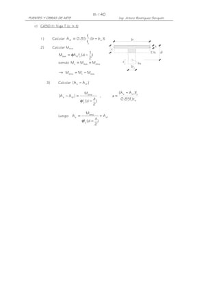 PUENTES Y OBRAS DE ARTE Ing. Arturo Rodríguez Serquén
III-140
c
z
b
b
d
t
E.N.
As
c) CASO II: Viga T (c > t)
1) Calcular t)bb(
f
f
85.0A w
y
'
c
sf −=
2) Calcular Malma
)
2
t
d(fAM ysfalas −φ=
siendo almaalasu MMM +=
alasualma MMM −=→
3) Calcular )AA( sfs −
)
2
a
d(f
M
)AA(
y
alma
sfs
−φ
=− ,
w
'
c
ysfs
bf85.0
f)AA(
a
−
=
Luego: sf
y
alma
s A
)
2
a
d(f
M
A +
−φ
=
 