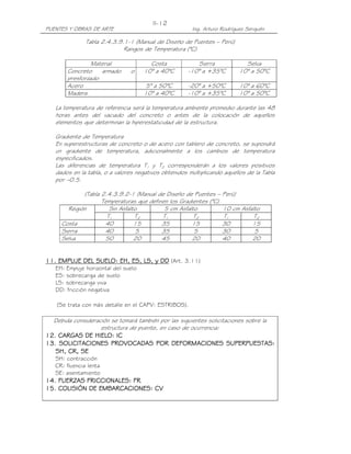 PUENTES Y OBRAS DE ARTE Ing. Arturo Rodríguez Serquén
II-12
Tabla 2.4.3.9.1-1 (Manual de Diseño de Puentes – Perú)
Rangos de Temperatura (°C)
Material Costa Sierra Selva
Concreto armado o
presforzado
10° a 40°C -10° a +35°C 10° a 50°C
Acero 5° a 50°C -20° a +50°C 10° a 60°C
Madera 10° a 40°C -10° a +35°C 10° a 50°C
La temperatura de referencia será la temperatura ambiente promedio durante las 48
horas antes del vaciado del concreto o antes de la colocación de aquellos
elementos que determinan la hiperestaticidad de la estructura.
Gradiente de Temperatura
En superestructuras de concreto o de acero con tablero de concreto, se supondrá
un gradiente de temperatura, adicionalmente a los cambios de temperatura
especificados.
Las diferencias de temperatura T1 y T2 corresponderán a los valores positivos
dados en la tabla, o a valores negativos obtenidos multiplicando aquellos de la Tabla
por –0.5.
(Tabla 2.4.3.9.2-1 (Manual de Diseño de Puentes – Perú)
Temperaturas que definen los Gradientes (°C)
Región Sin Asfalto 5 cm Asfalto 10 cm Asfalto
T1 T2 T1 T2 T1 T2
Costa 40 15 35 15 30 15
Sierra 40 5 35 5 30 5
Selva 50 20 45 20 40 20
11. EMPUJE DEL SUELO: EH, ES, LS, y DD11. EMPUJE DEL SUELO: EH, ES, LS, y DD11. EMPUJE DEL SUELO: EH, ES, LS, y DD11. EMPUJE DEL SUELO: EH, ES, LS, y DD (Art. 3.11)
EH: Empuje horizontal del suelo
ES: sobrecarga de suelo
LS: sobrecarga viva
DD: fricción negativa
(Se trata con más detalle en el CAPV: ESTRIBOS).
Debida consideración se tomará también por las siguientes solicitaciones sobre la
estructura de puente, en caso de ocurrencia:
12. CARGAS DE HIELO: IC12. CARGAS DE HIELO: IC12. CARGAS DE HIELO: IC12. CARGAS DE HIELO: IC
13. SOLICITACIONES PROVOCADAS POR DEFORMACIONES SUPERPUESTAS:13. SOLICITACIONES PROVOCADAS POR DEFORMACIONES SUPERPUESTAS:13. SOLICITACIONES PROVOCADAS POR DEFORMACIONES SUPERPUESTAS:13. SOLICITACIONES PROVOCADAS POR DEFORMACIONES SUPERPUESTAS:
SH, CR, SESH, CR, SESH, CR, SESH, CR, SE
SH: contracción
CR: fluencia lenta
SE: asentamiento
14. FUERZAS FRICCI0NALES: FR14. FUERZAS FRICCI0NALES: FR14. FUERZAS FRICCI0NALES: FR14. FUERZAS FRICCI0NALES: FR
15. COLISIÓN DE EMBARCACIONES: CV15. COLISIÓN DE EMBARCACIONES: CV15. COLISIÓN DE EMBARCACIONES: CV15. COLISIÓN DE EMBARCACIONES: CV
 