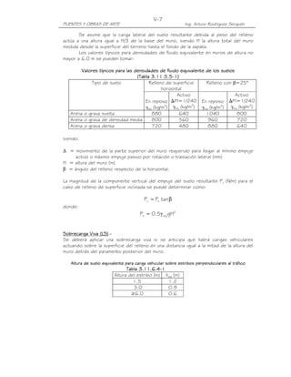 PUENTES Y OBRAS DE ARTE Ing. Arturo Rodríguez Serquén
V-7
Se asume que la carga lateral del suelo resultante debida al peso del relleno
actúa a una altura igual a H/3 de la base del muro, siendo H la altura total del muro
medida desde la superficie del terreno hasta el fondo de la zapata.
Los valores típicos para densidades de fluido equivalente en muros de altura no
mayor a 6.0 m se pueden tomar:
Valores típicos para las densidades de fluido equivalente de los suelosValores típicos para las densidades de fluido equivalente de los suelosValores típicos para las densidades de fluido equivalente de los suelosValores típicos para las densidades de fluido equivalente de los suelos
(Tabla 3.11.5.5(Tabla 3.11.5.5(Tabla 3.11.5.5(Tabla 3.11.5.5----1)1)1)1)
Tipo de suelo Relleno de superficie
horizontal
Relleno con β=25°
En reposo
γeq (kg/m3
)
Activo
/H=1/240
γeq (kg/m3
)
En reposo
γeq (kg/m3
)
Activo
/H=1/240
γeq (kg/m3
)
Arena o grava suelta 880 640 1040 800
Arena o grava de densidad media 800 560 960 720
Arena o grava densa 720 480 880 640
siendo:
∆ = movimiento de la parte superior del muro requerido para llegar al mínimo empuje
activo o máximo empuje pasivo por rotación o traslación lateral (mm)
H = altura del muro (m)
β = ángulo del relleno respecto de la horizontal.
La magnitud de la componente vertical del empuje del suelo resultante Pv (N/m) para el
caso de relleno de superficie inclinada se puede determinar como:
β= tanPP hv
donde:
2
eqh gH5.0=P γ
Sobrecarga Viva (LS)Sobrecarga Viva (LS)Sobrecarga Viva (LS)Sobrecarga Viva (LS)....----
Se deberá aplicar una sobrecarga viva si se anticipa que habrá cargas vehiculares
actuando sobre la superficie del relleno en una distancia igual a la mitad de la altura del
muro detrás del paramento posterior del muro.
Altura de suelo equivalente para carga vehicular sobre estribos perpendiculares al tráficoAltura de suelo equivalente para carga vehicular sobre estribos perpendiculares al tráficoAltura de suelo equivalente para carga vehicular sobre estribos perpendiculares al tráficoAltura de suelo equivalente para carga vehicular sobre estribos perpendiculares al tráfico
Tabla 3.11.6.4Tabla 3.11.6.4Tabla 3.11.6.4Tabla 3.11.6.4----1111
Altura del estribo (m) heq (m)
1.5 1.2
3.0 0.9
≥6.0 0.6
 