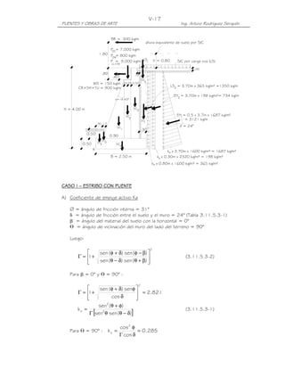 PUENTES Y OBRAS DE ARTE Ing. Arturo Rodríguez Serquén
V-17
0.90
B = 2.50 m
0.50
A
H = 4.00 m
.80
õ = 24°
EH = 0.5 x 3.7m x 1687 kg/m²
= 3121 kg/m
k x 3.70m x 1600 kg/m³ = 1687 kg/m²
k x 0.30m x 2320 kg/m³ = 198 kg/m²
k x 0.80m x 1600 kg/m³ = 365 kg/m²
EV
.30
altura equivalente de suelo por S/C
S/C por carga viva (LS)
EH = 3.70m x 198 kg/m²= 734 kg/m
LS = 3.70m x 365 kg/m² =1350 kg/m
.25.25 0.50 5
.15
DC
h' = 0.80LS
.30
P = 7,000 kg/m
LL+IM
BR = 300 kg/m
P = 9,000 kg/m
P = 800 kg/m
DC
1.80
DW
.40
WS = 150 kg/m
CR+SH+TU = 900 kg/m
0.50
.30 .17 1
EV2
3EV
2
2
1
1
a
a
a
DC1
2
DC
DC
3
4
DC
s=18.43°
CASO ICASO ICASO ICASO I –––– ESTRIBESTRIBESTRIBESTRIBO CON PUENTEO CON PUENTEO CON PUENTEO CON PUENTE
A) Coeficiente de empuje activo Ka
∅ = ángulo de fricción interna = 31°
δ = ángulo de fricción entre el suelo y el muro = 24° (Tabla 3.11.5.3-1)
β = ángulo del material del suelo con la horizontal = 0°
ᒕ = ángulo de inclinación del muro del lado del terreno = 90°
Luego:
2
)(sen)(sen
)(sen)(sen
1








β+θδ−θ
β−φδ+φ
+=Γ (3.11.5.3-2)
Para β = 0° y ᒕ = 90° :
821.2
cos
sen)(sen
1
2
=








δ
φδ+φ
+=Γ
[ ])(sensen
)(sen
k 2
2
a
δ−θθΓ
φ+θ
= (3.11.5.3-1)
Para ᒕ = 90° : 285.0
cos
cos
k
2
a =
δΓ
φ
=
 