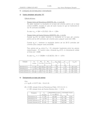 PUENTES Y OBRAS DE ARTE Ing. Arturo Rodríguez Serquén
V-35
B) CHEQUEO DE ESTABILIDAD Y ESFUERZOS
a)a)a)a) Vuelco alrededor del punto “A”Vuelco alrededor del punto “A”Vuelco alrededor del punto “A”Vuelco alrededor del punto “A”
Cálculo de emáx:
- Estado límite de Resistencia (AASHTO, Art. 11.6.3.3):
Se debe mantener la resultante en la base del cimiento dentro de la mitad
central (e≤B/4), excepto el caso de suelo rocoso en que se mantendrá en
los ¾ centrales (e≤3/8B).
Es decir emáx = B/4 = (0.25)5.10m = 1.28m
- Estado límite de Evento Extremo (AASHTO, Art. 11.6.5):
Cuando γEQ=0, se debe mantener la resultante en la base del cimiento
dentro de los 2/3 centrales del cimiento para cualquier suelo (e≤1/3B).
Cuando γEQ=1, mantener la resultante dentro de los 8/10 centrales del
cimiento para cualquier suelo (e≤2/5B).
Para valores de γEQ entre 0 y 1.0, interpolar linealmente entre los valores
especificados . En nuestro caso, utilizando γEQ=0.5, la interpolación señala
el límite e≤11/30B.
Es decir emáx = (11/30)Bm = (0.367)5.10m = 1.87m
b)b)b)b) DeslizamiDeslizamiDeslizamiDeslizamiento en base del estriboento en base del estriboento en base del estriboento en base del estribo
Con:
µ = tg Øf = 0.577 (Art. 10.6.3.3)
Øτ= 0.80, estado límite de Resistencia (Tabla 10.5.5.2.2-1).
=1.00, estado límite de Evento Extremo (Art. 11.6.5)
Estados Vu
(Ton/m)
RESISTENTE (Ton/m)
Ff =µ (ØτVu)
ACTUANTE (Ton/m)
Hu
Resistencia Ia 71.09 32.82 31.78 O.K!
Resistencia Ib 112.92 52.13 31.78 O.K!
Evento Extremo Ia 67.12 38.73 43.94 N.S.
Evento Extremo Ib 97.09 56.02 43.94 O.K!
Estado Vu
(Ton/m)
Mvu
(Ton-m/m)
Mhu
(Ton-m/m) u
huvu
o
V
MM
x
−
=
(m)
)
o
x
2
B
(e −=
(m)
emax(m)
Resistencia Ia 71.09 207.06 102.18 1.48 1.07 1.28 O.K!
Resistencia Ib 112.92 305.73 102.18 1.80 0.75 1.28 O.K!
Evento Extremo Ia 67.12 192.27 141.42 0.76 1.79 1.87 O.K!
Evento Extremo Ib 97.09 270.17 141.42 1.33 1.22 1.87 O.K!
 