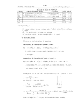 PUENTES Y OBRAS DE ARTE Ing. Arturo Rodríguez Serquén
V-41
90cm
z d
CARGAS EN BASE DE PANTALLACARGAS EN BASE DE PANTALLACARGAS EN BASE DE PANTALLACARGAS EN BASE DE PANTALLA
CARGACARGACARGACARGA CARGA DISTRIBUIDA (Ton/m)CARGA DISTRIBUIDA (Ton/m)CARGA DISTRIBUIDA (Ton/m)CARGA DISTRIBUIDA (Ton/m) Carga(Ton)Carga(Ton)Carga(Ton)Carga(Ton) YYYYPPPP(m)(m)(m)(m) M(TM(TM(TM(T----m)m)m)m)
LS p”=0.333x0.60x1.925=0.385 0.385x5.90=2.27 2.95 6.70
EH p=0.333x5.90x1.925=3.786 0.5x5.90x3.786=11.17 1.97 21.96
EQterr
p’=0.5(0.4330.333)5.9x1.925=0.566 0.566x5.90=3.34 2.95 9.84
PEQ - 4.97 5.15 25.59
EQestri - 6.20 2.80 17.33
BR - 1.99 7.70 15.32
Donde para EQestr :
W = peso estribo y terreno tributario sobre P =7.61 + 33.72= 41.33Ton/m
Kh=0.5A
EQestrib=Kh.W=0.15x41.33Ton/m = 6.20Ton/m
YP = C.G. del estribo y terreno tributario sobre P = 2.80m
a)a)a)a) Acero Por FlexiónAcero Por FlexiónAcero Por FlexiónAcero Por Flexión
Momento de diseño en la base de la pantalla:
Estado límite de Resistencia I, con n= nEstado límite de Resistencia I, con n= nEstado límite de Resistencia I, con n= nEstado límite de Resistencia I, con n= nDDDDnnnnRRRRnnnnIIII=1:=1:=1:=1:
Mu = n[1.75MLS + 1.50MEH + 1.75MBR] (Tabla 3.4.1-1)
= 1.00[1.75(6.70T-m)+1.50(21.96T-m)+1.75(15.32T-m)]
= 71.49T-m
Estado límite de Evento Extremo I, con n= nEstado límite de Evento Extremo I, con n= nEstado límite de Evento Extremo I, con n= nEstado límite de Evento Extremo I, con n= nDDDDnnnnRRRRnnnnIIII=1:=1:=1:=1:
Mu = n[0.50MLS + 1.50MEH + 1.00MEQ + 0.50MBR] (Tabla 3.4.1-1)
=1.00[0.50(6.70T-m)+1.50(21.96T-m)+1.00(9.84+25.59+17.33)T-m
+0.50(15.32T-m)] = 96.72T-m
Con Mu= 96.72T-m, As= 1∅1”, recubrimiento r= 7.5cm (Tabla 5.12.3-1)
cm77.8
2
54.2
5.7z =+=
d= 90cm – 8.77cm =81.23cm
cm97.6
100x210x85.0
4200xA
bf85.0
fA
a s
'
c
ys
===
m17.0
62.29
10.5
s²,cm62.29
)
2
a
23.81(4200x0.1
10x00.96
)
2
a
d(fØ
M
A "1Ø
5
yf
u
s ===
−
=
−
=
(Øf=1.0, según Art. 11.6.5 para estado límite de Evento Extremo)
 