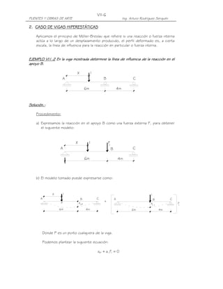 PUENTES Y OBRAS DE ARTE Ing. Arturo Rodríguez Serquén
VII-6
C
6m
1X
BA
4m
4m
A B
X 1
6m
C
F1
C
6m
1X
BA
4m 4m
A B
6m
C
1
a
1P
+
11
a
1
FP
2.2.2.2. CASO DECASO DECASO DECASO DE VIGAS HIPERESTÁTICASVIGAS HIPERESTÁTICASVIGAS HIPERESTÁTICASVIGAS HIPERESTÁTICAS
Aplicamos el principio de Müller-Breslau que refiere si una reacción o fuerza interna
actúa a lo largo de un desplazamiento producido, el perfil deformado es, a cierta
escala, la línea de influencia para la reacción en particular o fuerza interna.
EJEMPLO VI1.2EJEMPLO VI1.2EJEMPLO VI1.2EJEMPLO VI1.2 En la viga mostrada determine la línea de influencia dEn la viga mostrada determine la línea de influencia dEn la viga mostrada determine la línea de influencia dEn la viga mostrada determine la línea de influencia de la reacción en ele la reacción en ele la reacción en ele la reacción en el
apoyo B.apoyo B.apoyo B.apoyo B.
Solución.Solución.Solución.Solución.----
Procedimiento:
a) Expresamos la reacción en el apoyo B como una fuerza externa F1 para obtener
el siguiente modelo:
b) El modelo tomado puede expresarse como:
Donde P es un punto cualquiera de la viga.
Podemos plantear la siguiente ecuación:
0Faa 111P1 =+
 