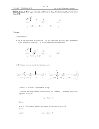 PUENTES Y OBRAS DE ARTE Ing. Arturo Rodríguez Serquén
VII-18
3m
C
1.5m
1X
BA
1.5m
E
BA
X 1
C
F1
F
1
1.5m1.5m 3m
E
+
1
F
CA B BA C
1
a
1P
1
1
a
11
3m1.5m 1.5m 3m1.5m 1.5m
E E
P
EJEMPLO VI1.6EJEMPLO VI1.6EJEMPLO VI1.6EJEMPLO VI1.6 En la viga mostrada determine la línEn la viga mostrada determine la línEn la viga mostrada determine la línEn la viga mostrada determine la línea de influencia del cortante en laea de influencia del cortante en laea de influencia del cortante en laea de influencia del cortante en la
sección E.sección E.sección E.sección E.
Solución.Solución.Solución.Solución.----
Procedimiento:
a) En la viga liberamos a la sección E de su capacidad de corte para expresarla
como las fuerzas externas F1 y así obtener el siguiente modelo:
b) El modelo tomado puede expresarse como:
Donde P es un punto cualquiera de la viga.
En función del desplazamiento entre puntos del corte en E, podemos plantear la
siguiente ecuación:
0Faa 111P1 =+
Como:
1PP1 aa = (Teorema de Maxwell acerca de deflexiones recíprocas)
E1 VF =
Luego: 0)V(aa E111P =+
 