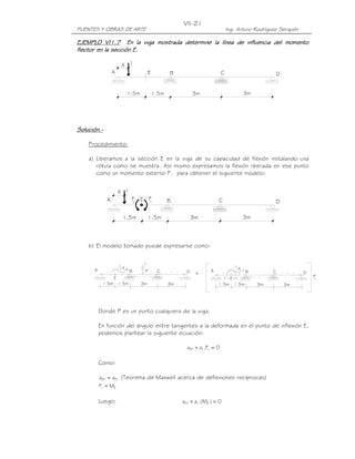 PUENTES Y OBRAS DE ARTE Ing. Arturo Rodríguez Serquén
VII-21
E
1.5m
A B
X 1
1.5m 3m 3m
DC
3m
1
F 1
F C DE
3m1.5m 1.5m
1X
A B
1.5m1.5m 3m
11
a
BA D
F1
+C
3m
a
1P
3m
C DA B
3m1.5m 1.5m
E E1 1
1
P
EJEMPLO VI1.7EJEMPLO VI1.7EJEMPLO VI1.7EJEMPLO VI1.7 En la viga mostrada determine la línea de influencia del momentoEn la viga mostrada determine la línea de influencia del momentoEn la viga mostrada determine la línea de influencia del momentoEn la viga mostrada determine la línea de influencia del momento
flector en la sección E.flector en la sección E.flector en la sección E.flector en la sección E.
Solución.Solución.Solución.Solución.----
Procedimiento:
a) Liberamos a la sección E en la viga de su capacidad de flexión instalando una
rótula como se muestra. Así mismo expresamos la flexión liberada en ese punto
como un momento externo F1 para obtener el siguiente modelo:
b) El modelo tomado puede expresarse como:
Donde P es un punto cualquiera de la viga.
En función del ángulo entre tangentes a la deformada en el punto de inflexión E,
podemos plantear la siguiente ecuación:
0Faa 111P1 =+
Como:
1PP1 aa = (Teorema de Maxwell acerca de deflexiones recíprocas)
E1 MF =
Luego: 0)M(aa E111P =+
 