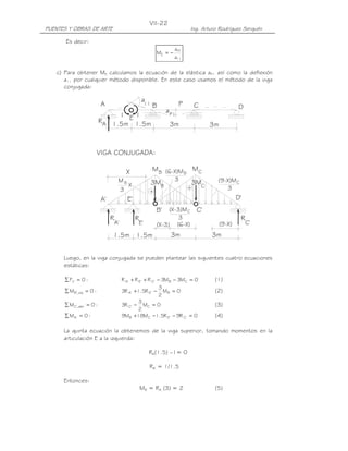 PUENTES Y OBRAS DE ARTE Ing. Arturo Rodríguez Serquén
VII-22
E'
1.5m
B'
1.5m
3
A' D'
E'
R R
C'
X
(9-X)
+
VIGA CONJUGADA:
3m
11 E
1.5m1.5m 3m
BA DC
3m
a11
C'
3m
MB
MC
+
RA
R
A'
B
3M 3MC
MB
X
(X-3) (6-X)
B(6-X)M
3
3
(X-3)MC
3
(9-X)MC
P
P1
a
Es decir:
11
1P
E
a
a
M −=
c) Para obtener ME calculamos la ecuación de la elástica aP1 así como la deflexión
a11 por cualquier método disponible. En este caso usamos el método de la viga
conjugada:
Luego, en la viga conjugada se pueden plantear las siguientes cuatro ecuaciones
estáticas:
:0FV =∑ 0M3M3RRR CB'C'E'A =−−++ (1)
:0M izq,'B =∑ 0M
2
3
R5.1R3 B'E'A =−+ (2)
:0M der,'C =∑ 0M
2
3
R3 C'C =− (3)
:0M 'A =∑ 0R9R5.1M18M9 'C'ECB =−−+ (4)
La quinta ecuación la obtenemos de la viga superior, tomando momentos en la
articulación E a la izquierda:
RA(1.5) –1= 0
RA = 1/1.5
Entonces:
MB = RA (3) = 2 (5)
 