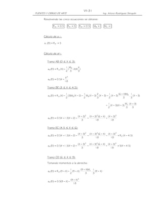 PUENTES Y OBRAS DE ARTE Ing. Arturo Rodríguez Serquén
VII-31
Resolviendo las cinco ecuaciones se obtiene:
5.0R 'A = 5R 'E = 5.0R 'D = 1MB = 1MC =
Cálculo de a11:
5R)EI(a 'E11 ==
Cálculo de aP1:
Tramo AB (0 ≤ X ≤ 3):
)
3
X
(X)X.
3
M
(
2
1
)X(R)EI(a B
'A1P −=
18
X
X5.0)EI(a
3
1P −=
Tramo BE (3 ≤ X ≤ 4.5):
)3X(
3
1
.
3
M)X6(
)3X(
2
1
)3X(
3
2
)3X(M
2
1
)2X(M)3(
2
1
)X(R)EI(a B
BB'A1P −
−
−−−−−−−=
3
)3X(
3
M
)3X)(3X(
2
1 c −
−−−
18
)3X(
18
)X6()3X(
3
)3X(
)2X(5.1X5.0)EI(a
322
1P
−
−
−−
−
−
−−−=
Tramo EC (4.5 ≤ X ≤ 6):
)5.4X(R
18
)3X(
18
)X6()3X(
3
)3X(
)2X(5.1X5.0)EI(a 'E
322
1P −+
−
−
−−
−
−
−−−=
)5.4X(5
18
)3X(
18
)X6()3X(
3
)3X(
)2X(5.1X5.0)EI(a
322
1P −+
−
−
−−
−
−
−−−=
Tramo CD (6 ≤ X ≤ 9):
Tomando momentos a la derecha:
)X9(
3
1
.
3
M)X9(
).X9(
2
1
)X9(R)EI(a c
'D1P −
−
−−−=
18
)X9(
)X9(5.0)EI(a
3
1P
−
−−=
 