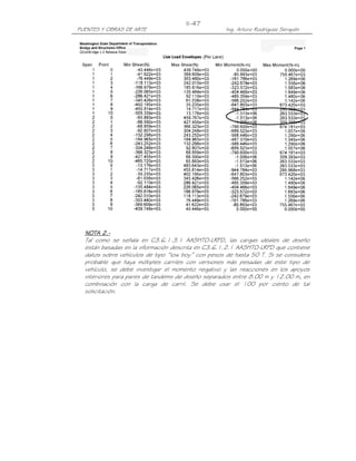 PUENTES Y OBRAS DE ARTE Ing. Arturo Rodríguez Serquén
II-47
NOTANOTANOTANOTA 2222....----
Tal como se señala en C3.6.1.3.1 AASHTO-LRFD, las cargas ideales de diseño
están basadas en la información descrita en C3.6.1.2.1 AASHTO-LRFD que contiene
datos sobre vehículos de tipo “low boy” con pesos de hasta 50 T. Si se considera
probable que haya múltiples carriles con versiones más pesadas de este tipo de
vehículo, se debe investigar el momento negativo y las reacciones en los apoyos
interiores para pares de tandems de diseño separados entre 8.00 m y 12.00 m, en
combinación con la carga de carril. Se debe usar el 100 por ciento de tal
solicitación.
 