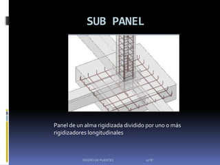SUB PANEL




Panel de un alma rigidizada dividido por uno o más
rigidizadores longitudinales



           DISEÑO DE PUENTES        10"B"
 