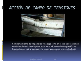 ACCIÓN DE CAMPO DE TENSIONES




 Comportamiento de un panel de viga bajo corte en el cual se desarrollan
 tensiones de tracción diagonal en el alma y fuerzas de compresión en
 los rigidizado res transversales de manera análoga a una cercha Pratt.



                    DISEÑO DE PUENTES        10"B"
 