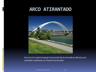 ARCO ATIRANTADO




Arco en el cual el empuje horizontal de la nervadura del arco es
resistido mediante un tirante horizontal.


            DISEÑO DE PUENTES           10"B"
 