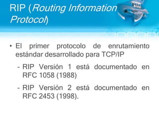 Adecuado si el tiempo de convergencia es críticoProtocolos Dinámicos de Enrutamiento en IPVector de DistanciasRIP (Routing Information Protocol) Versiones 1 y 2IGRP (Interior Gateway Routing Protocol)EIGRP (Enhanced IGRP)BGP (Border Gateway Protocol)Estado de EnlacesOSPF (Open Shortest Path First)