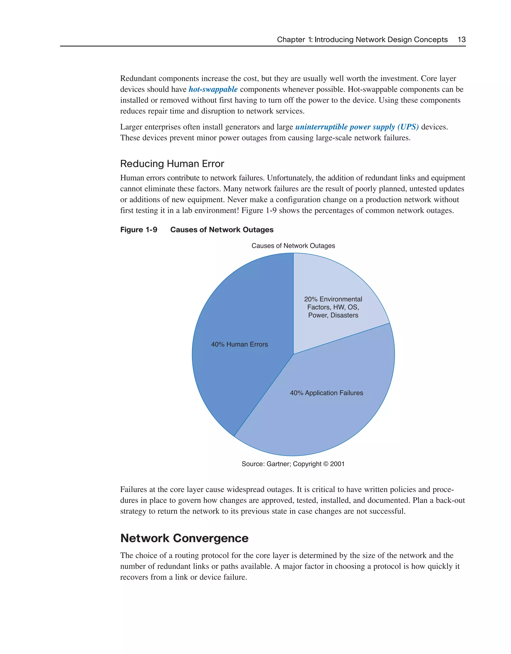 Redundant components increase the cost, but they are usually well worth the investment. Core layer
devices should have hot-swappable components whenever possible. Hot-swappable components can be
installed or removed without first having to turn off the power to the device. Using these components
reduces repair time and disruption to network services.
Larger enterprises often install generators and large uninterruptible power supply (UPS) devices.
These devices prevent minor power outages from causing large-scale network failures.
Reducing Human Error
Human errors contribute to network failures. Unfortunately, the addition of redundant links and equipment
cannot eliminate these factors. Many network failures are the result of poorly planned, untested updates
or additions of new equipment. Never make a configuration change on a production network without
first testing it in a lab environment! Figure 1-9 shows the percentages of common network outages.
Figure 1-9 Causes of Network Outages
Chapter 1: Introducing Network Design Concepts 13
20% Environmental
Factors, HW, OS,
Power, Disasters
Causes of Network Outages
40% Human Errors
40% Application Failures
Source: Gartner; Copyright © 2001
Failures at the core layer cause widespread outages. It is critical to have written policies and proce-
dures in place to govern how changes are approved, tested, installed, and documented. Plan a back-out
strategy to return the network to its previous state in case changes are not successful.
Network Convergence
The choice of a routing protocol for the core layer is determined by the size of the network and the
number of redundant links or paths available. A major factor in choosing a protocol is how quickly it
recovers from a link or device failure.
2125_ch01.qxd 4/3/08 6:23 PM Page 13
 