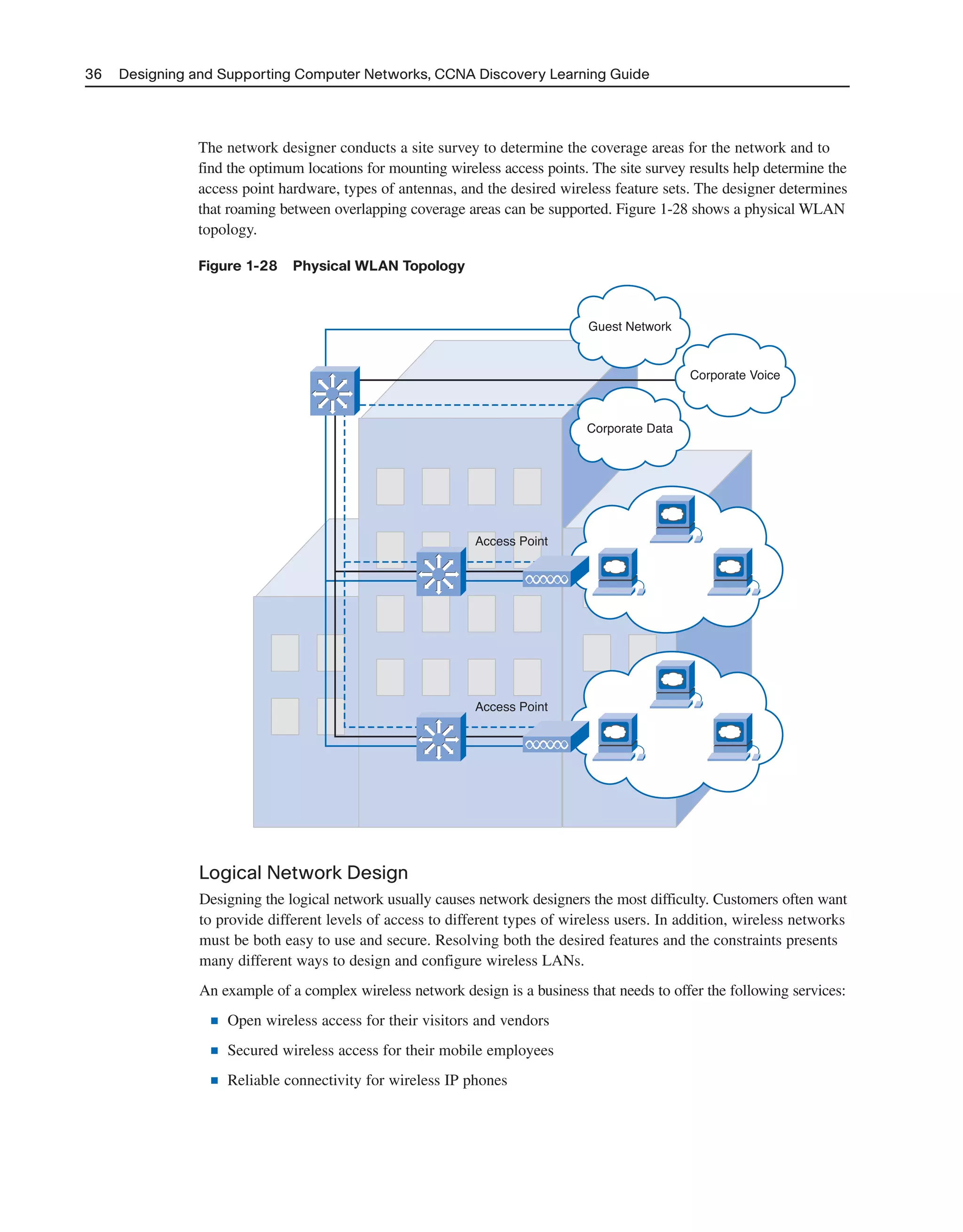 36 Designing and Supporting Computer Networks, CCNA Discovery Learning Guide
The network designer conducts a site survey to determine the coverage areas for the network and to
find the optimum locations for mounting wireless access points. The site survey results help determine the
access point hardware, types of antennas, and the desired wireless feature sets. The designer determines
that roaming between overlapping coverage areas can be supported. Figure 1-28 shows a physical WLAN
topology.
Figure 1-28 Physical WLAN Topology
Corporate Data
Access Point
Access Point
Guest Network
Corporate Voice
Logical Network Design
Designing the logical network usually causes network designers the most difficulty. Customers often want
to provide different levels of access to different types of wireless users. In addition, wireless networks
must be both easy to use and secure. Resolving both the desired features and the constraints presents
many different ways to design and configure wireless LANs.
An example of a complex wireless network design is a business that needs to offer the following services:
■ Open wireless access for their visitors and vendors
■ Secured wireless access for their mobile employees
■ Reliable connectivity for wireless IP phones
2125_ch01.qxd 4/3/08 6:23 PM Page 36
 