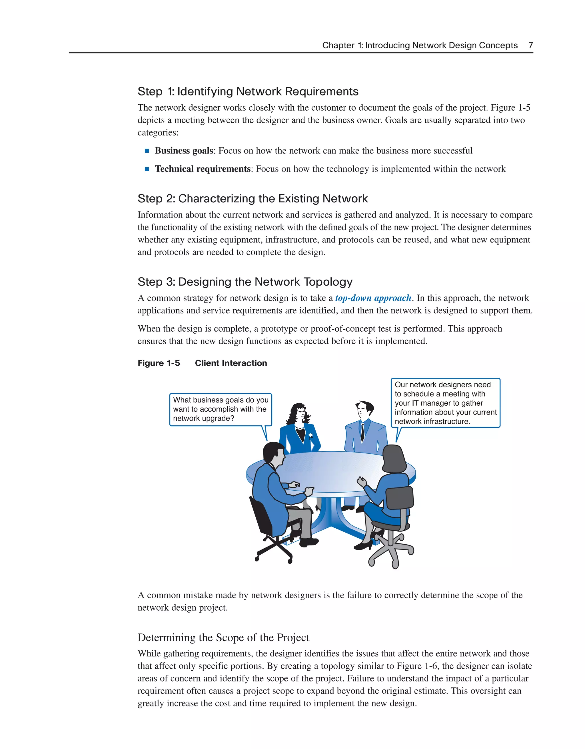 Step 1: Identifying Network Requirements
The network designer works closely with the customer to document the goals of the project. Figure 1-5
depicts a meeting between the designer and the business owner. Goals are usually separated into two
categories:
■ Business goals: Focus on how the network can make the business more successful
■ Technical requirements: Focus on how the technology is implemented within the network
Step 2: Characterizing the Existing Network
Information about the current network and services is gathered and analyzed. It is necessary to compare
the functionality of the existing network with the defined goals of the new project. The designer determines
whether any existing equipment, infrastructure, and protocols can be reused, and what new equipment
and protocols are needed to complete the design.
Step 3: Designing the Network Topology
A common strategy for network design is to take a top-down approach. In this approach, the network
applications and service requirements are identified, and then the network is designed to support them.
When the design is complete, a prototype or proof-of-concept test is performed. This approach
ensures that the new design functions as expected before it is implemented.
Figure 1-5 Client Interaction
Chapter 1: Introducing Network Design Concepts 7
What business goals do you
want to accomplish with the
network upgrade?
Our network designers need
to schedule a meeting with
your IT manager to gather
information about your current
network infrastructure.
A common mistake made by network designers is the failure to correctly determine the scope of the
network design project.
Determining the Scope of the Project
While gathering requirements, the designer identifies the issues that affect the entire network and those
that affect only specific portions. By creating a topology similar to Figure 1-6, the designer can isolate
areas of concern and identify the scope of the project. Failure to understand the impact of a particular
requirement often causes a project scope to expand beyond the original estimate. This oversight can
greatly increase the cost and time required to implement the new design.
2125_ch01.qxd 4/3/08 6:23 PM Page 7
 