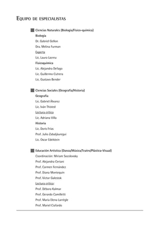 EQUIPO DE ESPECIALISTAS
Ciencias Naturales (Biología/Físico-química)
Biología
Dr. Gabriel Gellon
Dra. Melina Furman
Experta
Lic. Laura Lacreu
Físicoquímica
Lic. Alejandra Defago
Lic. Guillermo Cutrera
Lic. Gustavo Bender
Ciencias Sociales (Geografía/Historia)
Geografía
Lic. Gabriel Álvarez
Lic. Iván Thisted
Lectura crítica
Lic. Adriana Villa
Historia
Lic. Doris Frías
Prof. Julio Zabaljáuregui
Lic. Oscar Edelstein
Educación Artística (Danza/Música/Teatro/Plástica-Visual)
Coordinación: Miriam Socolovsky
Prof. Alejandra Ceriani
Prof. Carmen Fernández
Prof. Diana Montequín
Prof. Víctor Galestok
Lectura crítica:
Prof. Débora Kalmar
Prof. Gerardo Camilletti
Prof. María Elena Larrégle
Prof. Mariel Ciafardo
 
