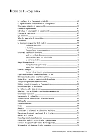 ÍNDICE DE FISICOQUÍMICA
La enseñanza de la Fisicoquímica en la SB..........................................................................62
La organización de los contenidos de Fisicoquímica.........................................................63
Criterios de selección de los contenidos..............................................................................63
Conceptos organizadores.........................................................................................................63
Estructura de organización de los contenidos....................................................................63
Esquema de contenidos ...........................................................................................................63
Ejes temáticos ............................................................................................................................64
Sobre las secuencias de contenidos......................................................................................65
Contenidos..................................................................................................................................66
La Naturaleza corpuscular de la materia.............................................................................66
Estados de la materia ............................................................................................66
Soluciones...............................................................................................................67
Cambios físicos y cambios químicos ...................................................................69
El carácter eléctrico de la materia.........................................................................................70
Modelo sencillo de átomo ....................................................................................70
Los materiales frente a la electricidad................................................................71
La corriente eléctrica.............................................................................................72
Magnetismo y materia.............................................................................................................75
Imanes naturales y artificiales .............................................................................75
Magnetismo y aplicaciones ..................................................................................75
Fuerzas y campos .....................................................................................................................76
Fuerzas, Interacciones y campos..........................................................................76
Expectativas de logro para Fisicoquímica - 2º año ..........................................................78
Orientaciones didácticas para Fisicoquímica......................................................................79
Hablar, leer y escribir en las clases de Fisicoquímica .......................................................79
Trabajar con problemas de Fisicoquímica............................................................................82
Utilizar y construir modelos en Fisicoquímica...................................................................88
Orientaciones para la evaluación .........................................................................................92
La evaluación y las ideas previas...........................................................................................92
Relaciones entre actividades experimentales y evaluación .............................................93
Criterios de evaluación ............................................................................................................93
Instrumentos de evaluación....................................................................................................95
Autoevaluación, coevaluación y evaluación mutua...........................................................95
Bibliografía ................................................................................................................................96
Libros disciplinares ..................................................................................................................96
Física ..................................................................................................................................96
Química ..................................................................................................................................96
Libros sobre la enseñanza de las Ciencias Naturales .......................................................97
Historia, epistemología y sociología de la ciencia ............................................................97
Historia de la ciencia ...............................................................................................................97
Filosofía y sociología de la ciencia .......................................................................................97
Libros sobre didáctica de las ciencias experimentales ....................................................97
Libros de divulgación sobre temas de Físicoquímica ........................................................98
Sitios web de interés sobre ciencias naturales .................................................................98
Diseño Curricular para 2° año (SB) | Ciencias Naturales | 61
 