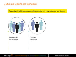 ¿Qué es Diseño de Servicio?

   Es design thinking aplicado al desarrollo e innovación en servicios.




    Diseño para             Con las
    la personas             personas




                                                           Experiencia de Clientes
 