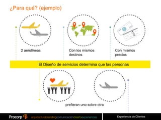 ¿Para qué? (ejemplo)




    2 aerolíneas              Con los mismos           Con mismos
                              destinos                 precios

              El Diseño de servicios determina que las personas




                            prefieran uno sobre otra


                                                        Experiencia de Clientes
 