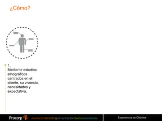 ¿Cómo?




1.
Mediante estudios
etnográficos
centrados en el
cliente, su vivencia,
necesidades y
expectativa.




                        Experiencia de Clientes
 