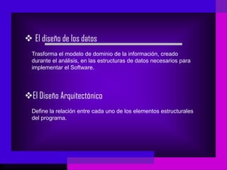  El diseño de los datos
  Trasforma el modelo de dominio de la información, creado
  durante el análisis, en las estructuras de datos necesarios para
  implementar el Software.




El Diseño Arquitectónico
  Define la relación entre cada uno de los elementos estructurales
  del programa.
 