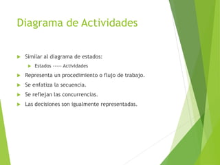 Diagrama de Actividades
 Similar al diagrama de estados:
 Estados ----- Actividades
 Representa un procedimiento o flujo de trabajo.
 Se enfatiza la secuencia.
 Se reflejan las concurrencias.
 Las decisiones son igualmente representadas.
 