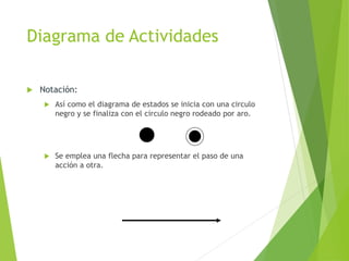 Diagrama de Actividades
 Notación:
 Así como el diagrama de estados se inicia con una circulo
negro y se finaliza con el circulo negro rodeado por aro.
 Se emplea una flecha para representar el paso de una
acción a otra.
 