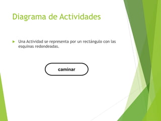 Diagrama de Actividades
 Una Actividad se representa por un rectángulo con las
esquinas redondeadas.
caminar
 