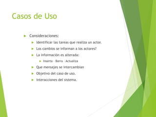Casos de Uso
 Consideraciones:
 Identificar las tareas que realiza un actor.
 Los cambios se informan a los actores?
 La información es alterada:
 Inserta – Borra – Actualiza
 Que mensajes se intercambian
 Objetivo del caso de uso.
 Interacciones del sistema.
 