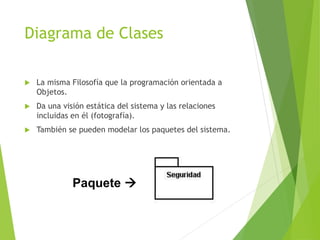 Diagrama de Clases
 La misma Filosofía que la programación orientada a
Objetos.
 Da una visión estática del sistema y las relaciones
incluidas en él (fotografía).
 También se pueden modelar los paquetes del sistema.
Paquete 
 