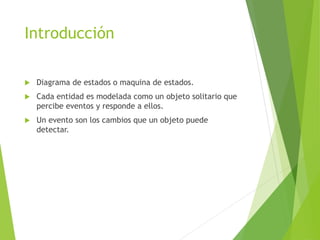 Introducción
 Diagrama de estados o maquina de estados.
 Cada entidad es modelada como un objeto solitario que
percibe eventos y responde a ellos.
 Un evento son los cambios que un objeto puede
detectar.
 