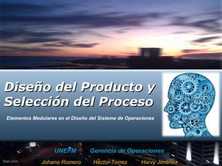 Diseño del Producto y
Selección del Proceso
Elementos Medulares en el Diseño del Sistema de Operaciones




                   UNEFM         Gerencia de Operaciones
             Johana Romero        Héctor Torres      Harvy Jiménez
 