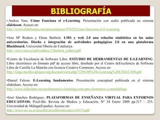 BIBLIOGRAFÍA
• Andres Vara. Cómo Funciona el e-Learning. Presentación con audio publicada en sistema
slideboom. Acceso en:
http://www.slideboom.com/presentations/97652/Como-funciona-el-E-Learning

•Ana Mª Rodera y Elena Barberà. LMS y web 2.0 una relación simbiótica en las aulas
universitarias. Diseño e integración de actividades pedagógicas 2.0 en una plataforma
Blackboard. Universitat Oberta de Catalunya.
http://www.um.es/ead/reddusc/2/barbera_rodera.pdf

•Centro de Excelencia de Software Libre. ESTUDIO DE HERRAMIENTAS DE E-LEARNING.
Libro electrónico en formato pdf de acceso libre, diseñado por el Centro deExcelencia de Software
Libre de Castilla La Mancha con licencia Creative Commons. Acceso en:
http://forge.morfeo-project.org/docman/view.php/7/296/08%20e-Learning%20CESLCAM.pdf

•Daniel Falcon. E-Learning fundamentos. Presentación conceptual publicada en el sistema
slideshare. Acceso en:
http://www.slideshare.net/neohumano/e-learning-concepto-elementos-y-metodologa

•José Sánchez Rodríguez. PLATAFORMAS DE ENSEÑANZA VIRTUAL PARA ENTORNOS
EDUCATIVOS. Pixel-Bit. Revista de Medios y Educación, Nº 34 Enero 2009 pp.217 – 233.
Universidad de Málaga(España). Acceso en:
http://www.sav.us.es/pixelbit/pixelbit/articulos/n34/15.pdf
 