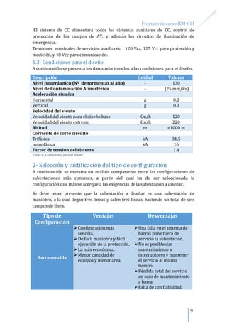 Proyecto de curso IEM-611
9
El sistema de CC alimentará todos los sistemas auxiliares de CC, control de
protección de los campos de AT, y además los circuitos de iluminación de
emergencia.
Tensiones nominales de servicios auxiliares: 120 Vca, 125 Vcc para protección y
medición, y 48 Vcc para comunicación.
1.3- Condiciones para el diseño
A continuación se presenta los datos relacionados a las condiciones para el diseño.
Descripción Unidad Valores
Nivel isoceráunico (Nº de tormentas al año) - 130
Nivel de Contaminación Atmosférica - (25 mm/kv)
Aceleración sísmica
Horizontal g 0.2
Vertical g 0.3
Velocidad del viento
Velocidad del viento para el diseño base Km/h 120
Velocidad del viento extremo Km/h 220
Altitud m <1000 m
Corriente de corto circuito
Trifásica kA 31.5
monofásica kA 16
Factor de tensión del sistema 1.4
Tabla 8- Condiciones para el diseño
2- Selección y justificación del tipo de configuración
A continuación se muestra un análisis comparativo entre las configuraciones de
subestaciones más comunes, a partir del cual ha de ser seleccionada la
configuración que más se acerque a las exigencias de la subestación a diseñar.
Se debe tener presente que la subestación a diseñar es una subestación de
maniobra, a la cual llegan tres líneas y salen tres líneas, haciendo un total de seis
campos de línea.
Tipo de
Configuración
Ventajas Desventajas
Barra sencilla
Configuración más
sencilla.
De fácil maniobra y fácil
ejecución de la protección.
La más económica.
Menor cantidad de
equipos y menor área.
Una falla en el sistema de
barras pone fuera de
servicio la subestación.
No es posible dar
mantenimiento a
interruptores y mantener
el servicio al mismo
tiempo.
Pérdida total del servicio
en caso de mantenimiento
a barra.
Falta de con fiabilidad,
 