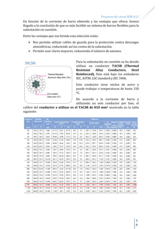 Proyecto de curso IEM-611
1
6
En función de la corriente de barra obtenida y las ventajas que ofrece, hemos
llegado a la conclusión de que es más factible un sistema de barras flexibles para la
subestación en cuestión.
Entre las ventajas que nos brinda esta selección están:
 Nos permite utilizar cables de guarda para la protección contra descargas
atmosféricas, reduciendo así los costos de la subestación.
 Permite usar claros mayores, reduciendo el número de uniones.
Para la subestación en cuestión se ha decido
utilizar un conductor TACSR (Thermal
Resistant Alloy Conductors, Steel
Reinforced). Este está bajo los estándares
IEC, ASTM, LSC standard y JEC 3406.
Este conductor tiene núcleo de acero y
puede trabajar a temperaturas de hasta 150
oC.
De acuerdo a la corriente de barra y
utilizando un solo conductor por fase, el
calibre del conductor a utilizar es el TACSR de 810 mm2 mostrado en la tabla
siguiente:
 