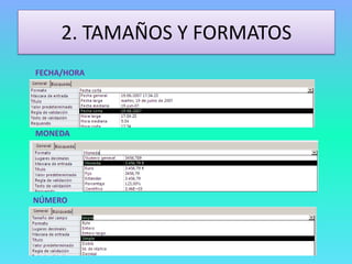 2. TAMAÑOS Y FORMATOS
FECHA/HORA
MONEDA
NÚMERO
 