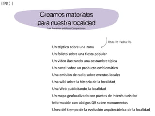 Un tríptico sobre una zona
Un folleto sobre una fiesta popular
Un vídeo ilustrando una costumbre típica
Un cartel sobre un producto emblemático
Una emisión de radio sobre eventos locales
Una wiki sobre la historia de la localidad
Una Web publicitando la localidad
Un mapa geolocalizado con puntos de interés turístico
Información con códigos QR sobre monumentos
Línea del tiempo de la evolución arquitectónica de la localidad
Ejemplo 3
Ideas de productos
Creamos materiales
para nuestra localidad
Los hacemos públicos Compartimos
 