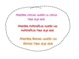 Aprender ciencias usando la ciencia
para algo real
Aprender Matemáticas usando las
matemáticas para algo real
Aprender Idiomas usando los
idiomas para algo real
 