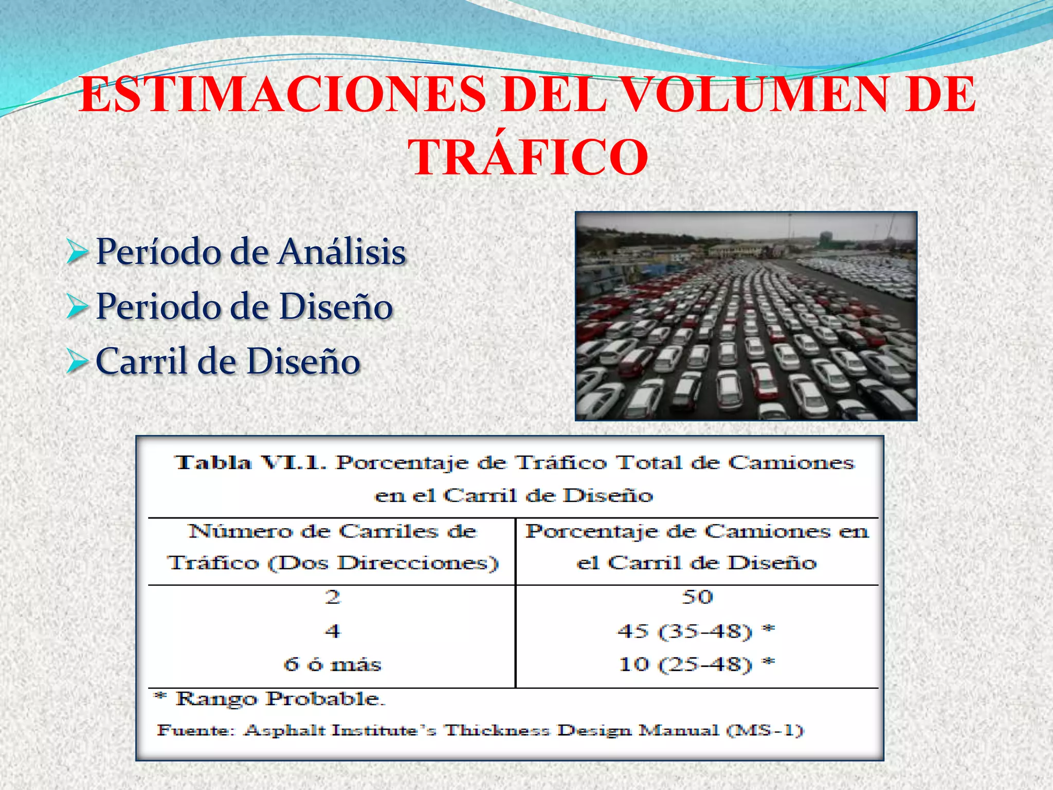 ESTIMACIONES DEL VOLUMEN DE
          TRÁFICO
 Período de Análisis
 Periodo de Diseño
 Carril de Diseño
 