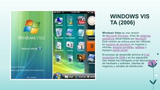 WINDOWS VIS
TA (2006)
Windows Vista es una versión
de Microsoft Windows, línea de sistemas
operativos desarrollada por Microsoft.
Esta versión se enfoca para ser utilizada
en equipos de escritorio en hogares y
oficinas, equipos portátiles, tabletas y
equipos media center.
El proceso de desarrollo terminó el 8 de
noviembre de 2006 y en los siguientes
tres meses fue entregado a los fabricantes
de hardware y software, clientes de
negocios y canales de distribución.
 