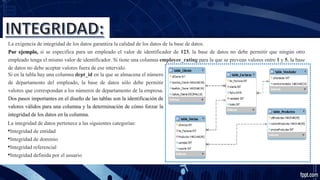 La exigencia de integridad de los datos garantiza la calidad de los datos de la base de datos.
Por ejemplo, si se especifica para un empleado el valor de identificador de 123, la base de datos no debe permitir que ningún otro
empleado tenga el mismo valor de identificador. Si tiene una columna employee_rating para la que se prevean valores entre 1 y 5, la base
de datos no debe aceptar valores fuera de ese intervalo.
La integridad de datos pertenece a las siguientes categorías:
•Integridad de entidad
•Integridad de dominio
•Integridad referencial
•Integridad definida por el usuario
Si en la tabla hay una columna dept_id en la que se almacena el número
de departamento del empleado, la base de datos sólo debe permitir
valores que correspondan a los números de departamento de la empresa.
Dos pasos importantes en el diseño de las tablas son la identificación de
valores válidos para una columna y la determinación de cómo forzar la
integridad de los datos en la columna.
 