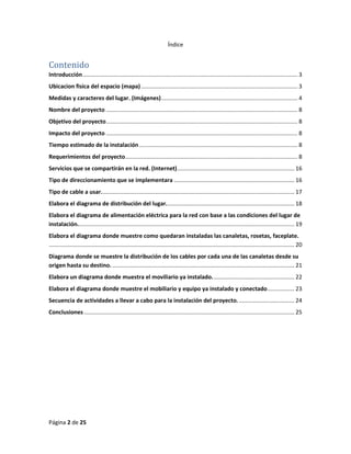 Página 2 de 25 
Índice 
Contenido 
Introducción ........................................................................................................................................ 3 
Ubicacion fisica del espacio (mapa) ................................................................................................... 3 
Medidas y caracteres del lugar. (Imágenes) ...................................................................................... 4 
Nombre del proyecto ......................................................................................................................... 8 
Objetivo del proyecto ......................................................................................................................... 8 
Impacto del proyecto ......................................................................................................................... 8 
Tiempo estimado de la instalación .................................................................................................... 8 
Requerimientos del proyecto ............................................................................................................. 8 
Servicios que se compartirán en la red. (Internet) .......................................................................... 16 
Tipo de direccionamiento que se implementara ............................................................................ 16 
Tipo de cable a usar. ......................................................................................................................... 17 
Elabora el diagrama de distribución del lugar. ................................................................................ 18 
Elabora el diagrama de alimentación eléctrica para la red con base a las condiciones del lugar de instalación. ........................................................................................................................................ 19 
Elabora el diagrama donde muestre como quedaran instaladas las canaletas, rosetas, faceplate. ........................................................................................................................................................... 20 
Diagrama donde se muestre la distribución de los cables por cada una de las canaletas desde su origen hasta su destino. ................................................................................................................... 21 
Elabora un diagrama donde muestra el moviliario ya instalado. ................................................... 22 
Elabora el diagrama donde muestre el mobiliario y equipo ya instalado y conectado ................. 23 
Secuencia de actividades a llevar a cabo para la instalación del proyecto. ................................... 24 
Conclusiones ..................................................................................................................................... 25 
 
