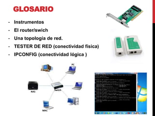 GLOSARIO
- Instrumentos
- El router/swich
- Una topología de red.
- TESTER DE RED (conectividad física)
- IPCONFIG (conectividad lógica )
 